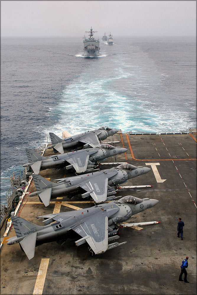 24"x36" Gallery Poster, AV-8B Harrier jump jets line flight deck of USS Tarawa (LHA 1)