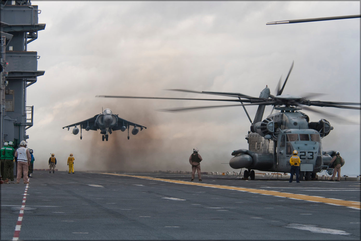 24"x36" Gallery Poster, AV-8 Harrier & MH-53E Sea Dragon helicopter aboard USS Nassau (LHA 4)
