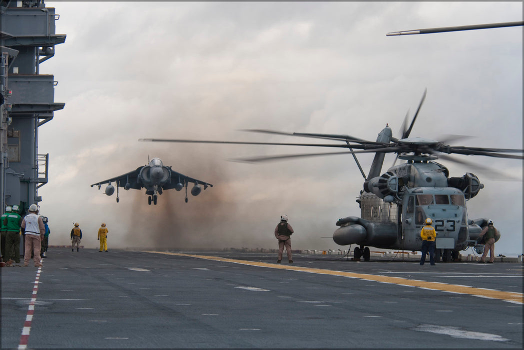 24"x36" Gallery Poster, AV-8 Harrier & MH-53E Sea Dragon helicopter aboard USS Nassau (LHA 4)