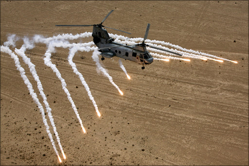 24"x36" Gallery Poster, A CH-46 Sea Knight helicopter from Marine Medium Helicopter Squadron 268 launches fla
