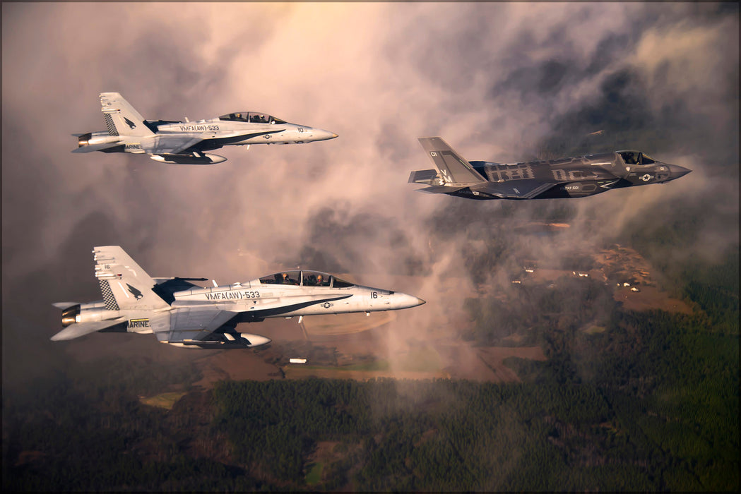 24"x36" Gallery Poster, A U.S. Marine Corps F-35 Lightning II aircraft is escorted by two Marine F A-18 Hornets