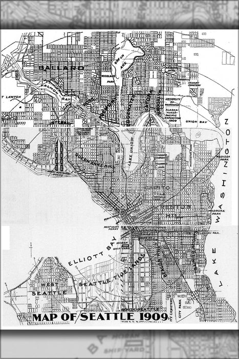 24"x36" Gallery Poster, A map of Seattle in 1909