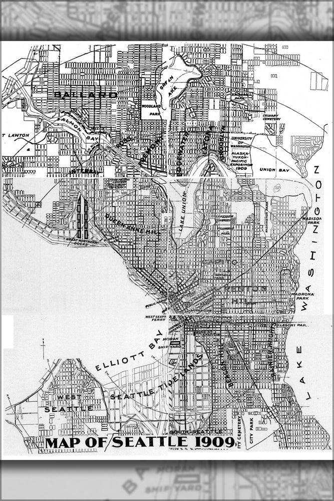 24"x36" Gallery Poster, A map of Seattle in 1909
