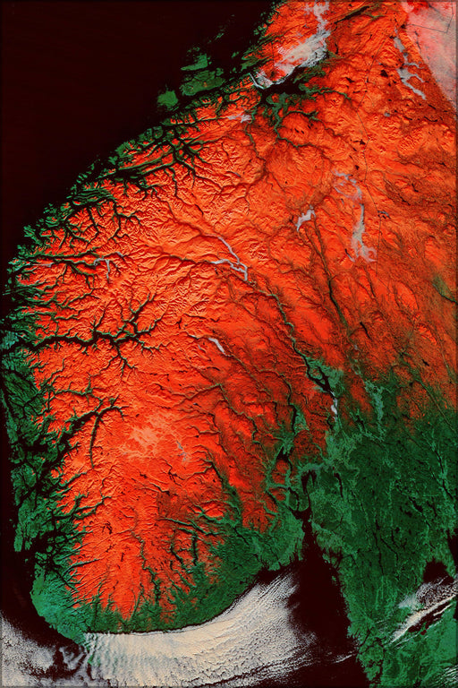 24"x36" Gallery Poster, A satellite image map of southern Norway with snow shown as red highlights the terrain