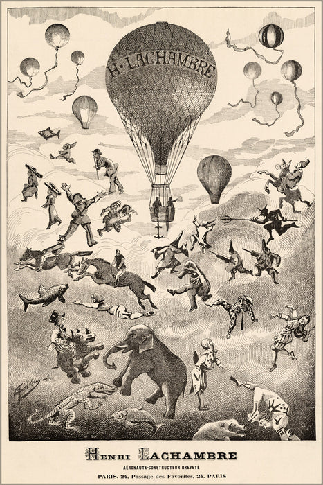24"x36" Gallery Poster, Ad for Hot Air balloon manufacturer Henri Lachambre c1875