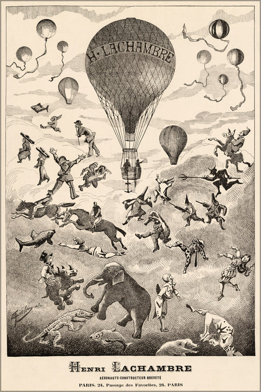 24"x36" Gallery Poster, Ad for Hot Air balloon manufacturer Henri Lachambre c1875