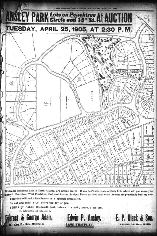 24"x36" Gallery Poster, Ad from Atlanta Constitution April 23, 1905, featuring Ansley Park lots for sale