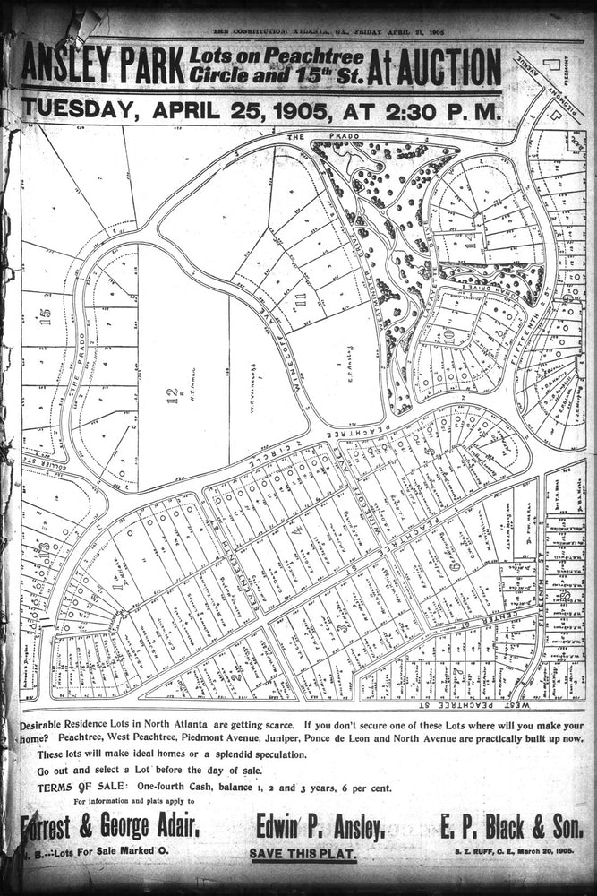 24"x36" Gallery Poster, Ad from Atlanta Constitution April 23, 1905, featuring Ansley Park lots for sale