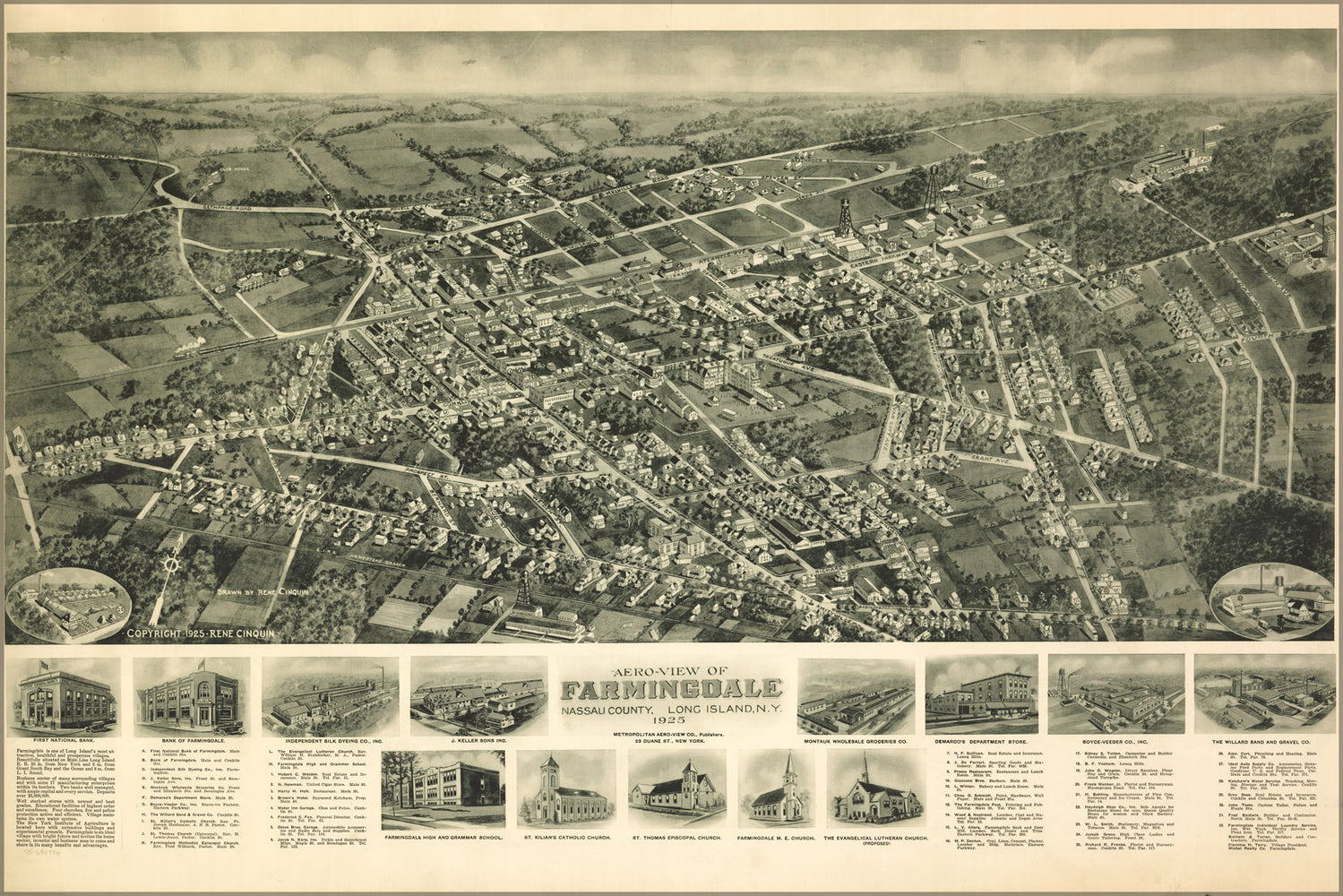 24"x36" Gallery Poster, Aero-view map of Farmingdale, Nassau County, Long Island, New york 1925
