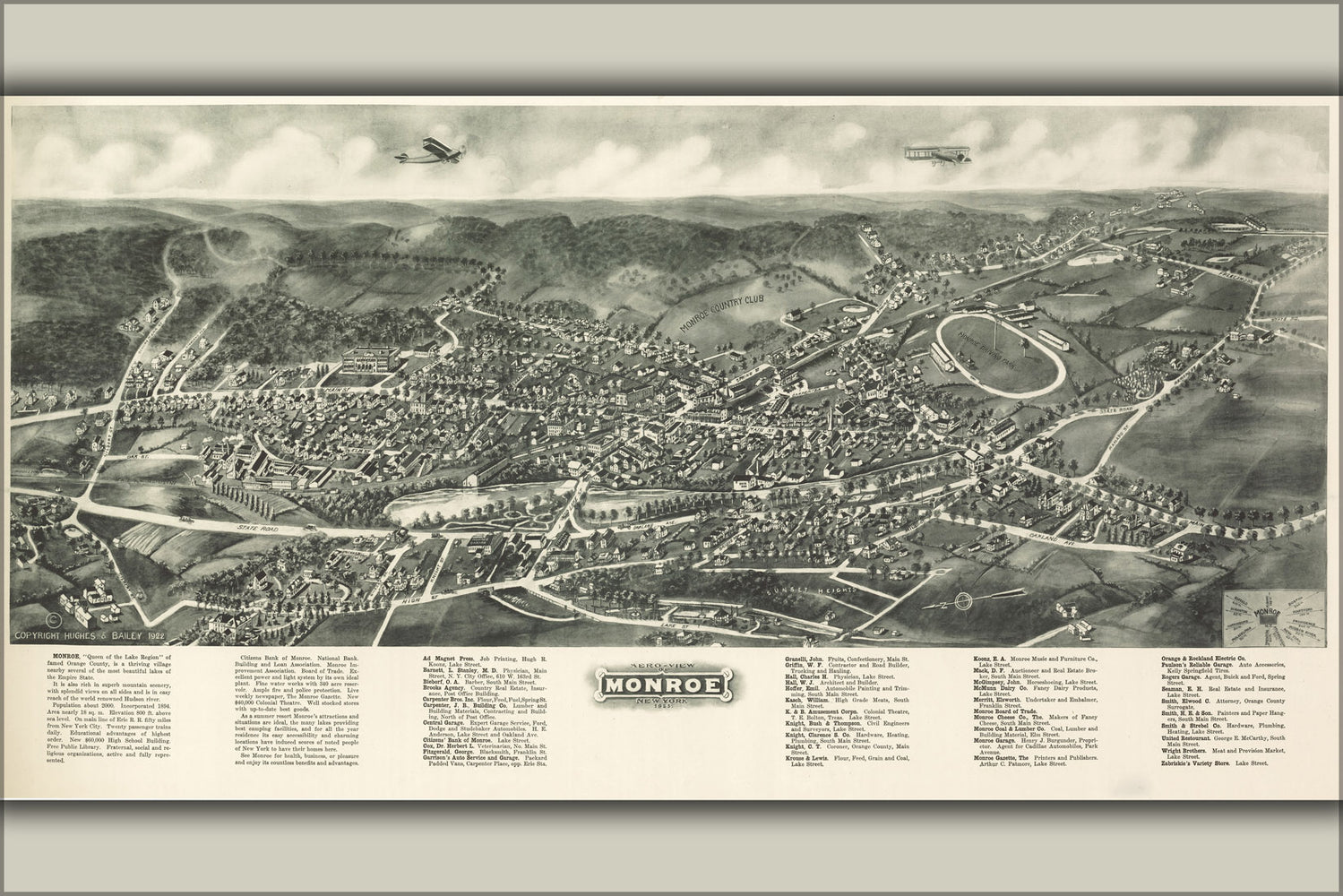24"x36" Gallery Poster, Aero-view map of Monroe, New York 1923