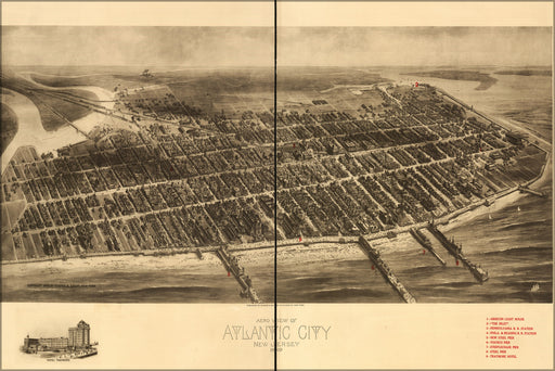24"x36" Gallery Poster, Aero view map of Atlantic City, New Jersey 1909