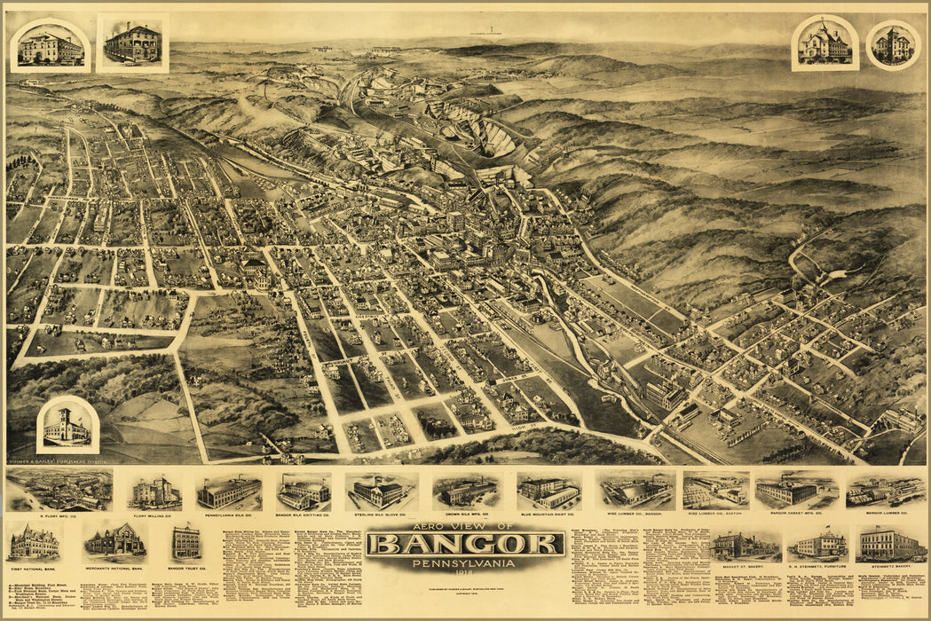24"x36" Gallery Poster, Aero view map of Bangor, Pennsylvania 1918