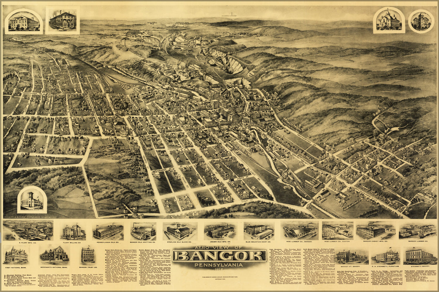 24"x36" Gallery Poster, Aero view map of Bangor, Pennsylvania 1918
