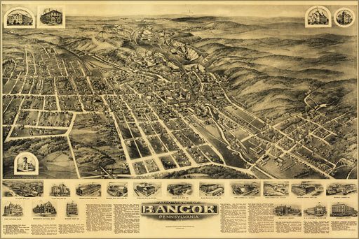 24"x36" Gallery Poster, Aero view map of Bangor, Pennsylvania 1918