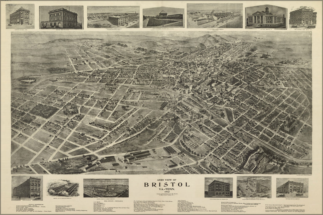 24"x36" Gallery Poster, Aero view map of Bristol, Virginia & Tennessee 1912