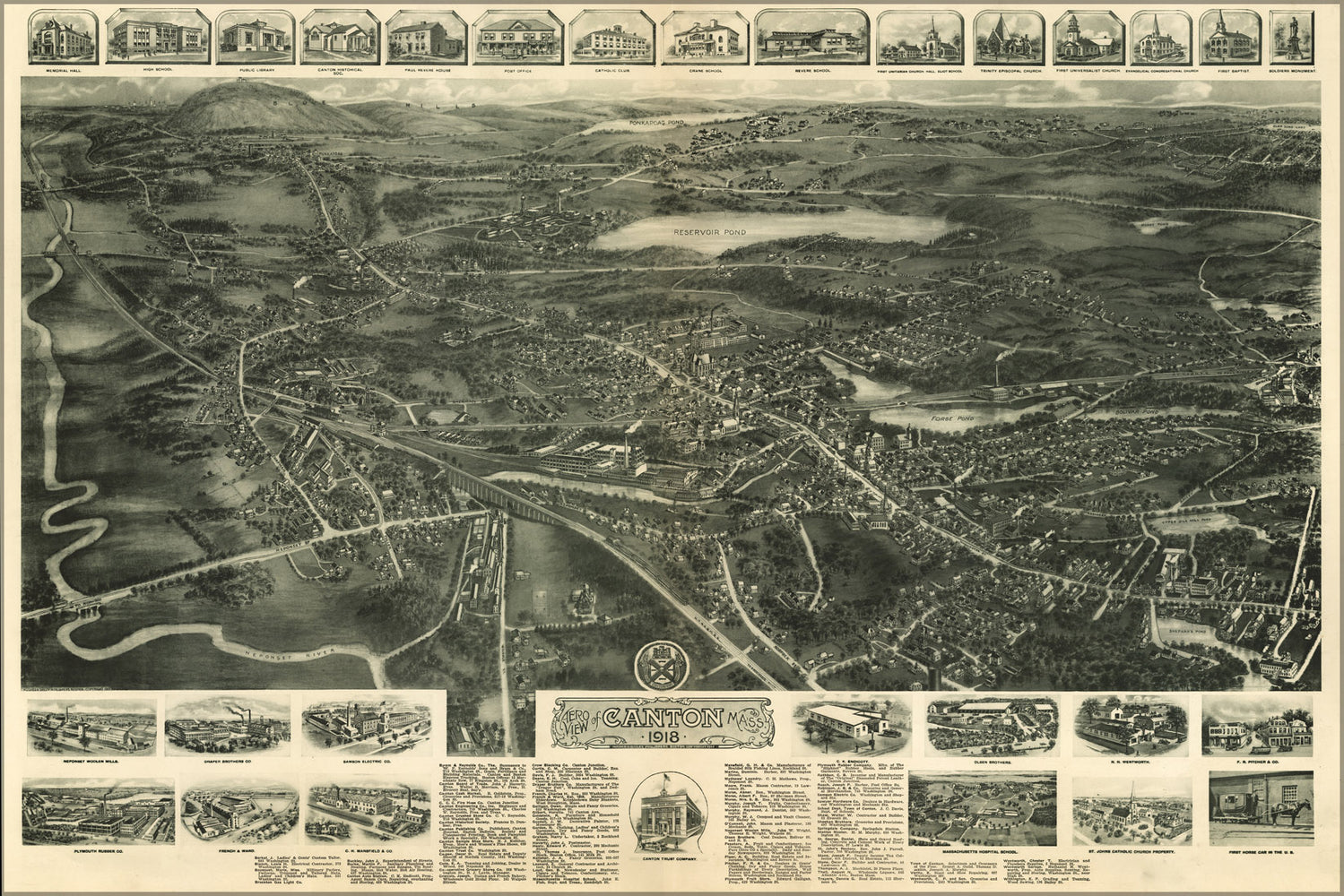 24"x36" Gallery Poster, Aero view map of Canton, Massachusetts 1918