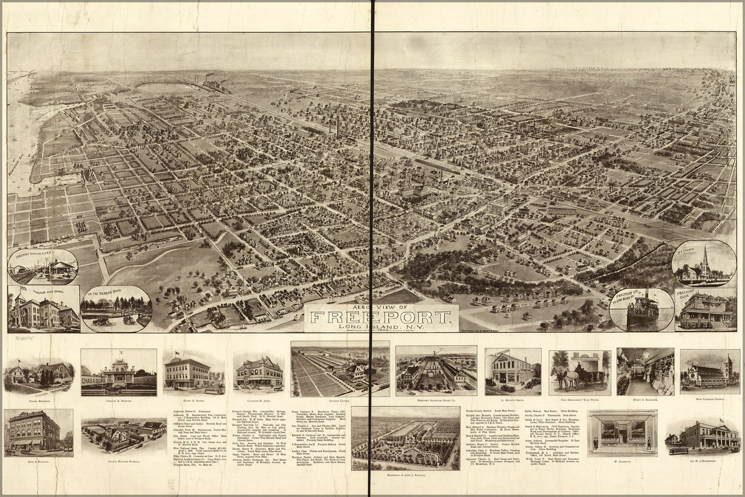 24"x36" Gallery Poster, Aero view map of Freeport, Long Island, New york 1909