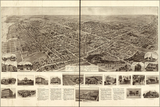 24"x36" Gallery Poster, Aero view map of Freeport, Long Island, New york 1909