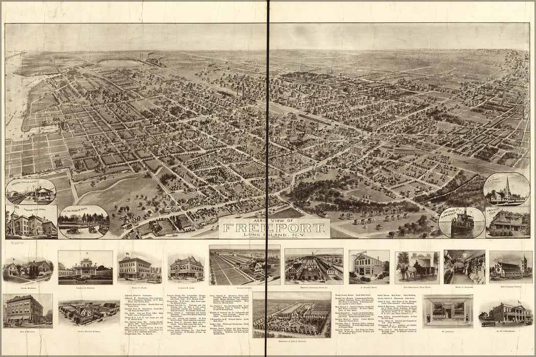 24"x36" Gallery Poster, Aero view map of Freeport, Long Island, New york 1909