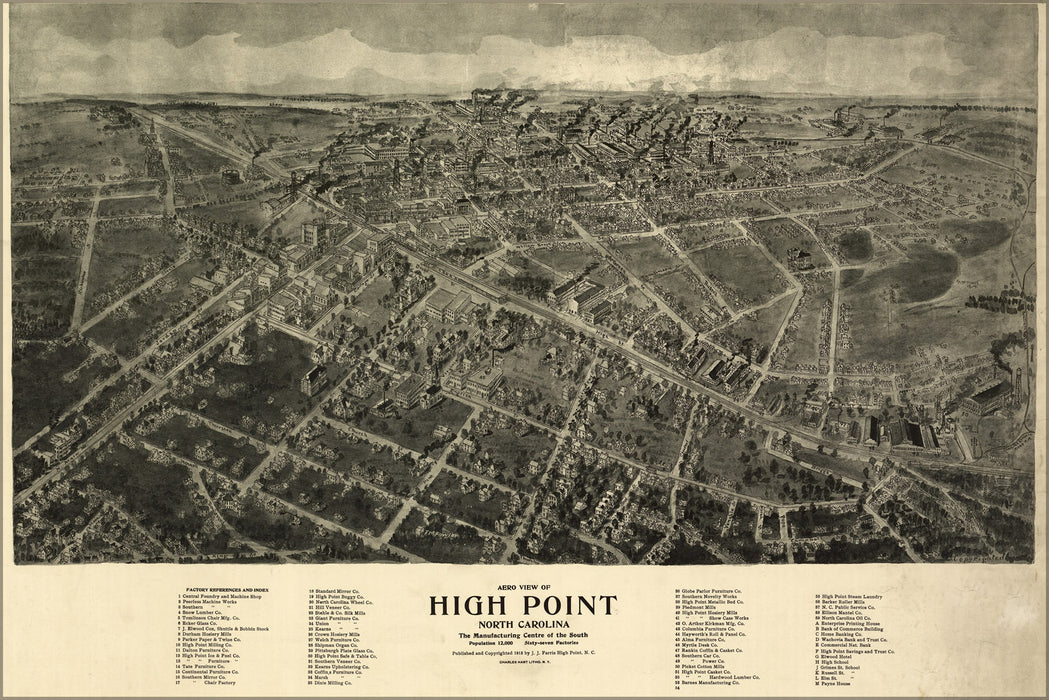 24"x36" Gallery Poster, Aero view map of High Point, North Carolina 1913