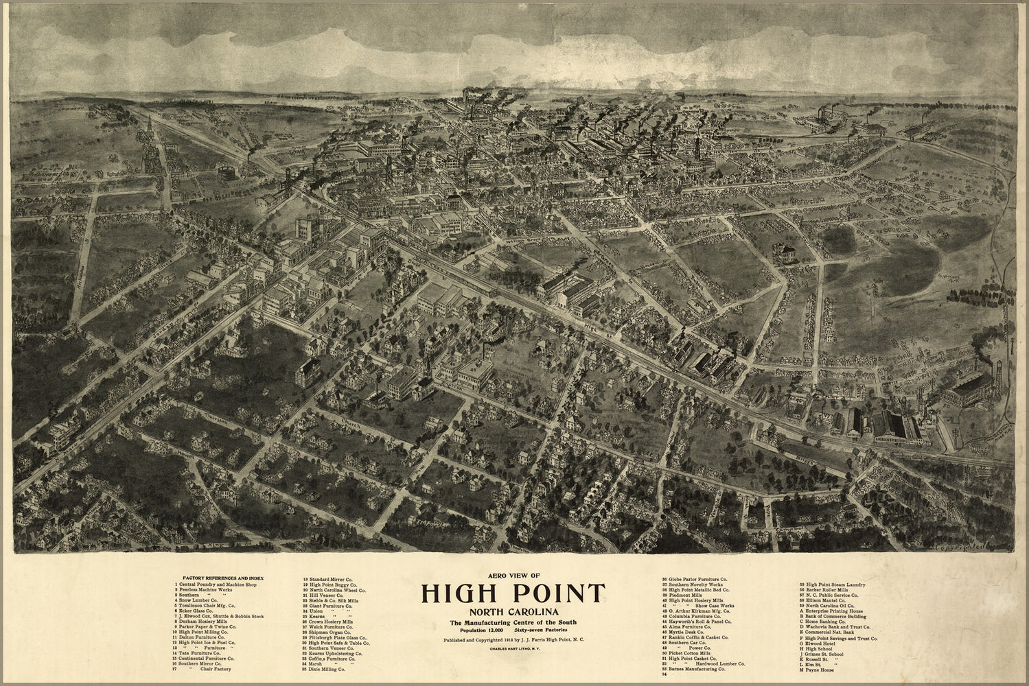 24"x36" Gallery Poster, Aero view map of High Point, North Carolina 1913