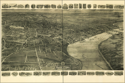 24"x36" Gallery Poster, Aero view map of Middletown, Connecticut 1915
