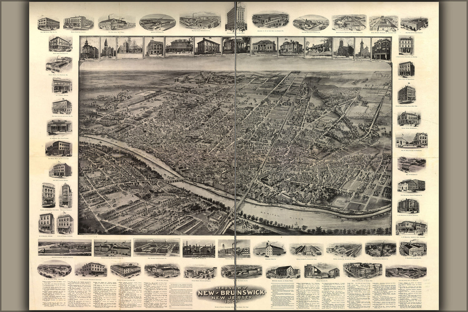 24"x36" Gallery Poster, Aero view map of New Brunswick, New Jersey, 1910