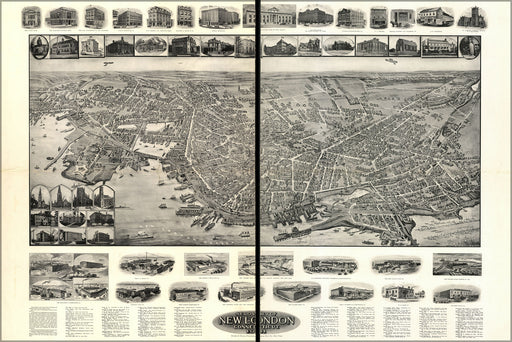 24"x36" Gallery Poster, Aero view map of New London, Connecticut 1911