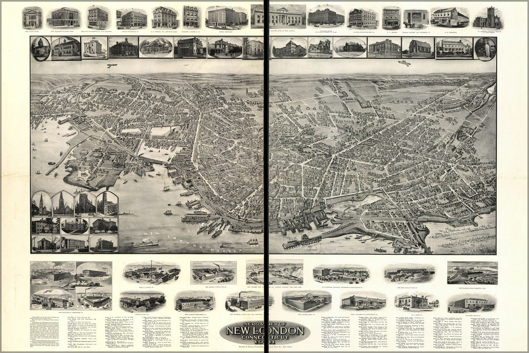 24"x36" Gallery Poster, Aero view map of New London, Connecticut 1911