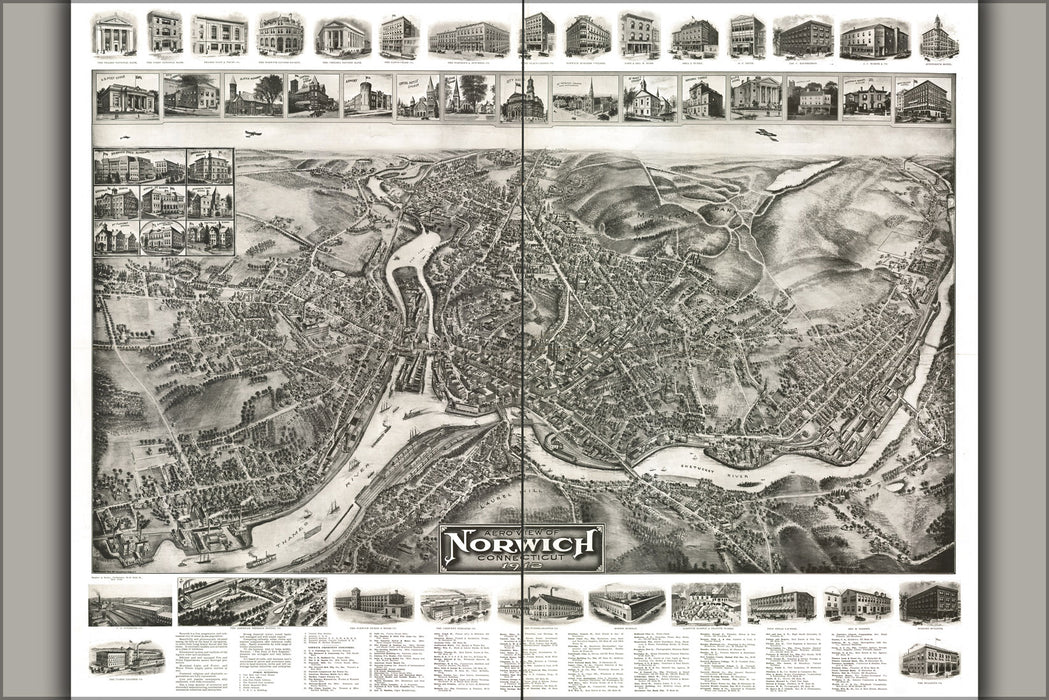 24"x36" Gallery Poster, Aero view map of Norwich, Connecticut 1912