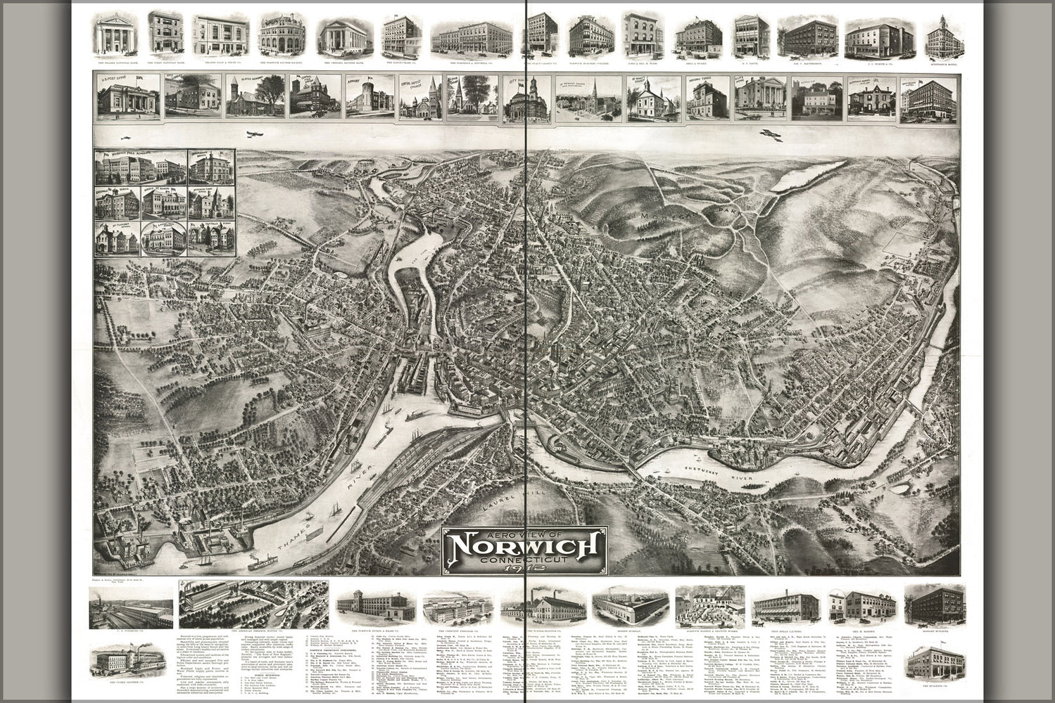 24"x36" Gallery Poster, Aero view map of Norwich, Connecticut 1912