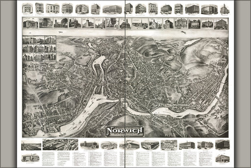24"x36" Gallery Poster, Aero view map of Norwich, Connecticut 1912