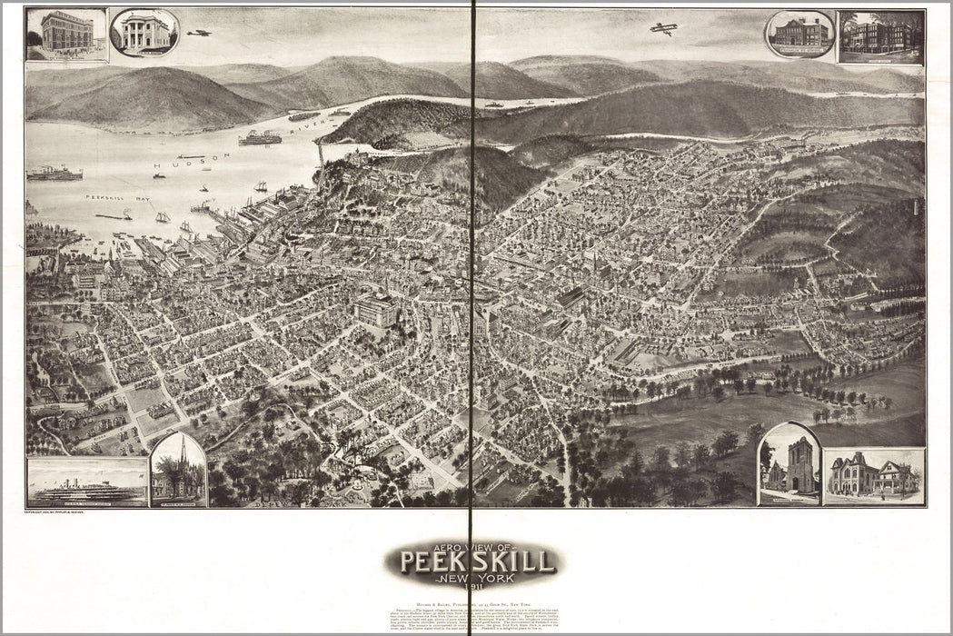 24"x36" Gallery Poster, Aero view map of Peekskill, New York 1911