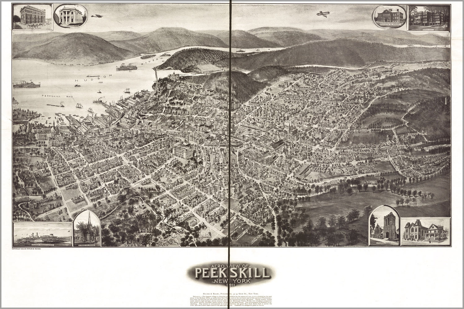 24"x36" Gallery Poster, Aero view map of Peekskill, New York 1911
