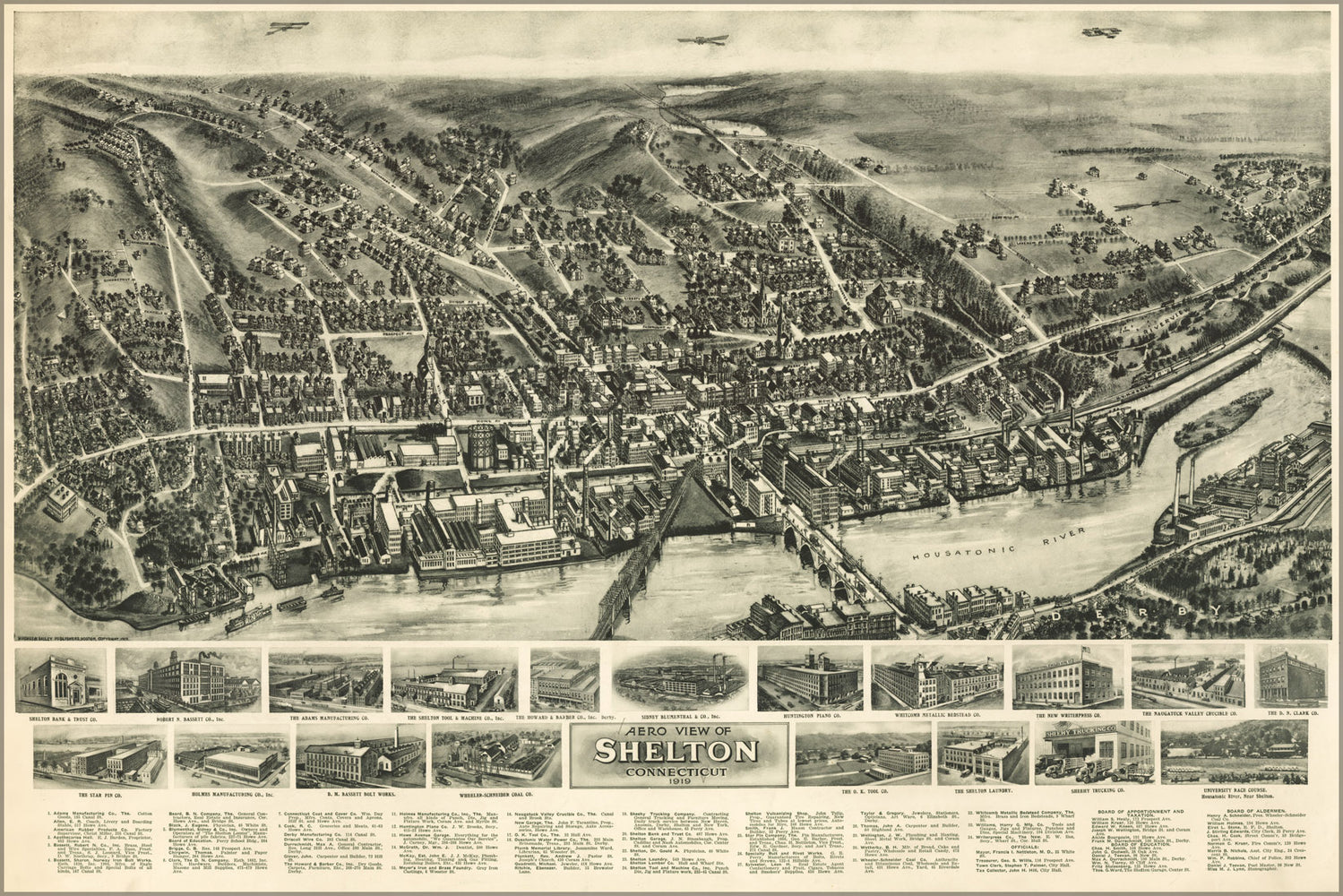 24"x36" Gallery Poster, Aero view map of Shelton, Connecticut 1919