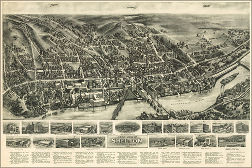 24"x36" Gallery Poster, Aero view map of Shelton, Connecticut 1919