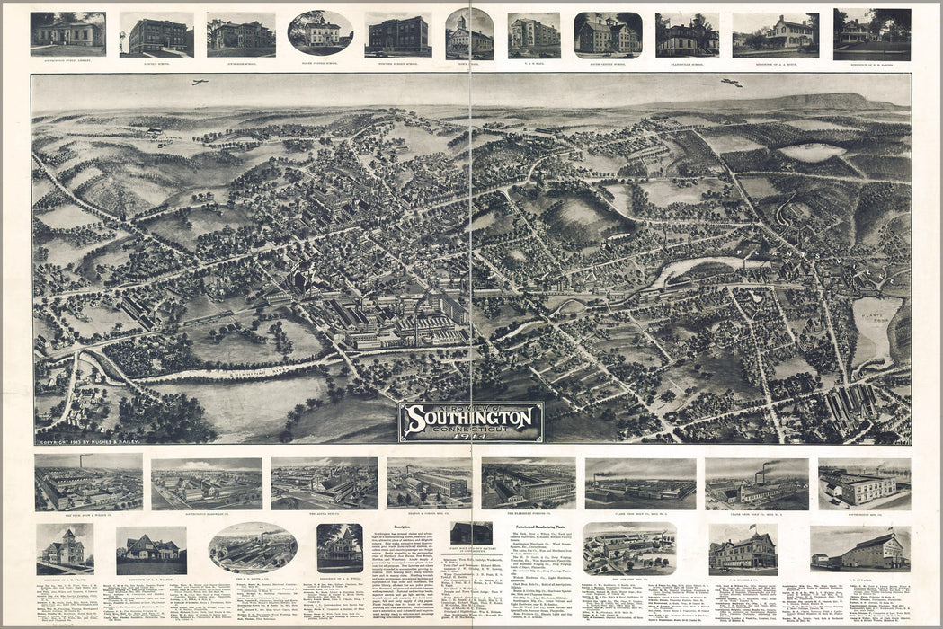 24"x36" Gallery Poster, Aero view map of Southington, Connecticut 1914