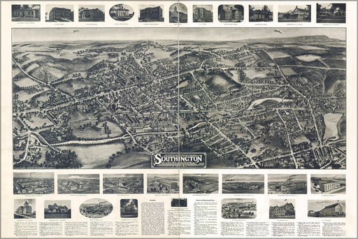 24"x36" Gallery Poster, Aero view map of Southington, Connecticut 1914