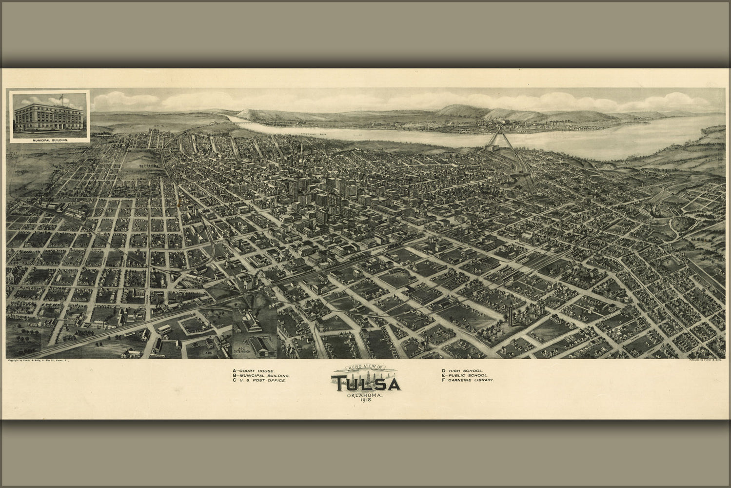 24"x36" Gallery Poster, Aero view map of Tulsa, Oklahoma 1918