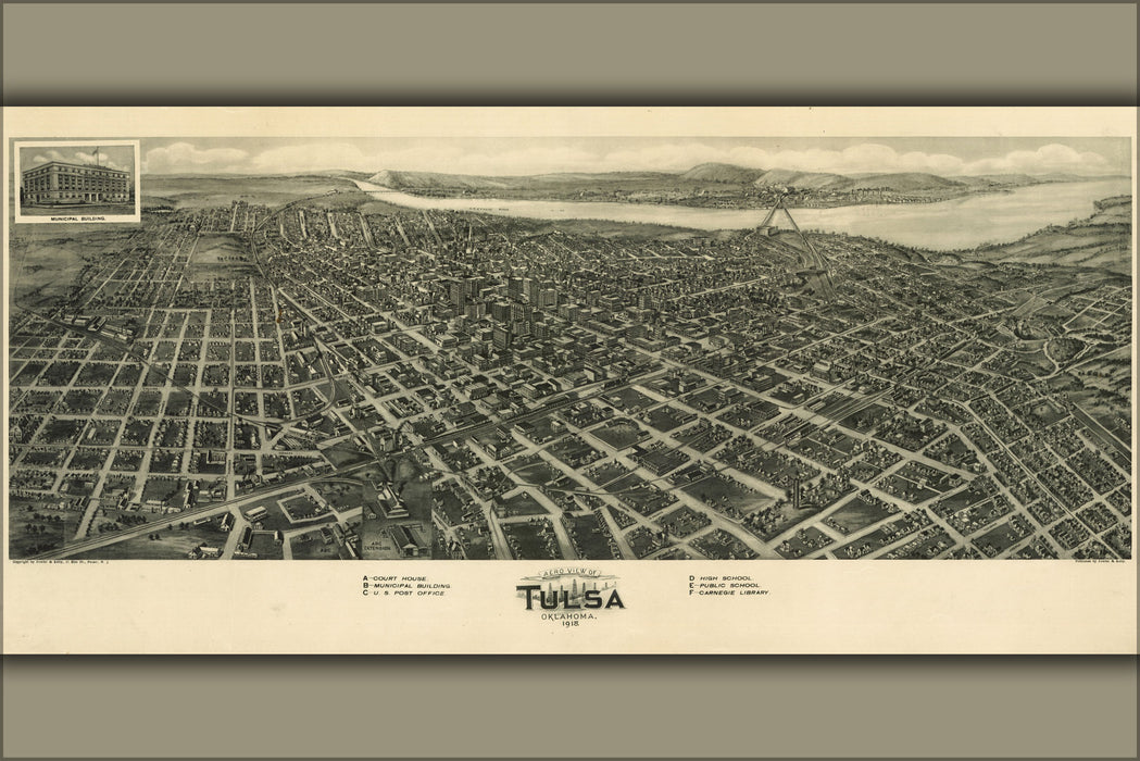24"x36" Gallery Poster, Aero view map of Tulsa, Oklahoma 1918