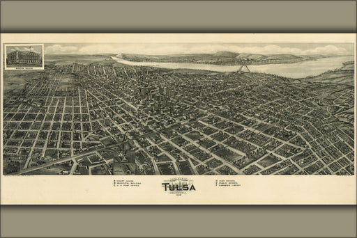 24"x36" Gallery Poster, Aero view map of Tulsa, Oklahoma 1918