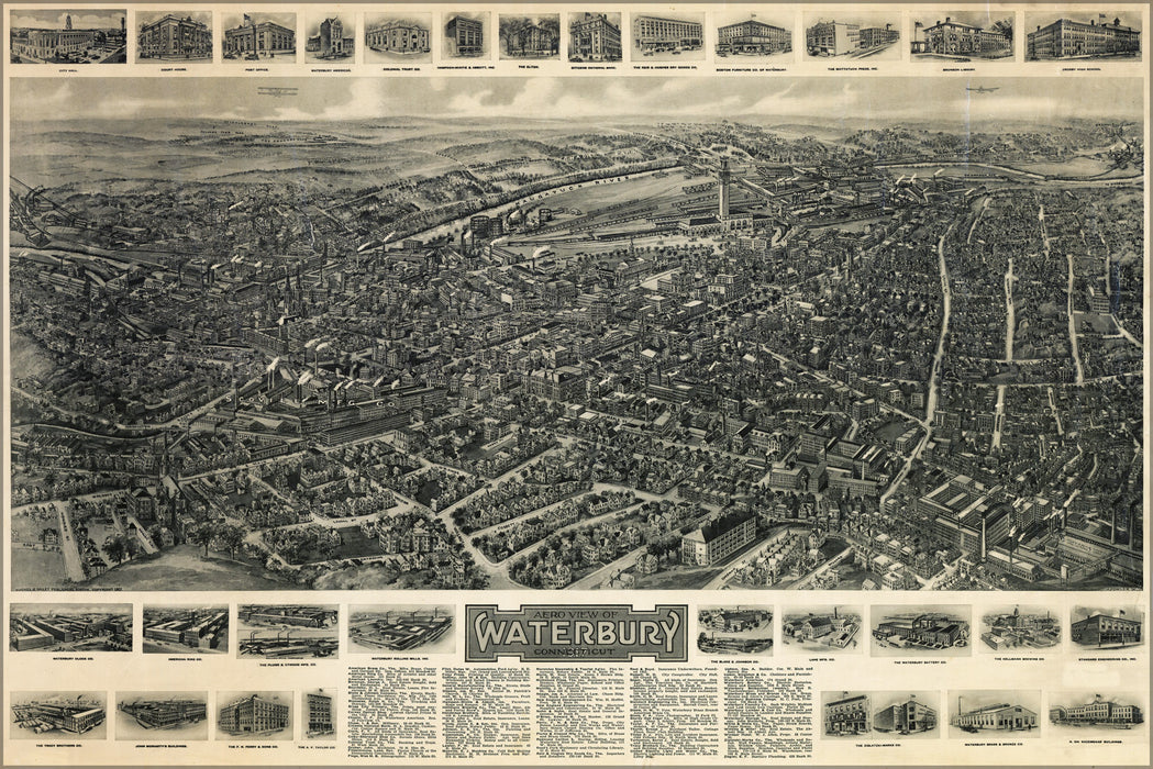 24"x36" Gallery Poster, Aero view map of Waterbury, Connecticut 1917