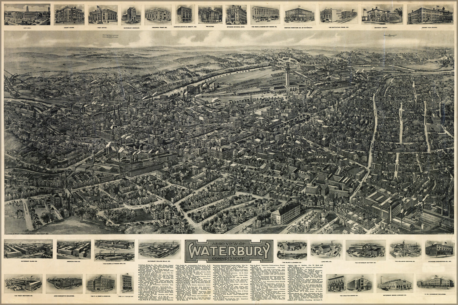 24"x36" Gallery Poster, Aero view map of Waterbury, Connecticut 1917