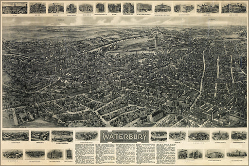 24"x36" Gallery Poster, Aero view map of Waterbury, Connecticut 1917