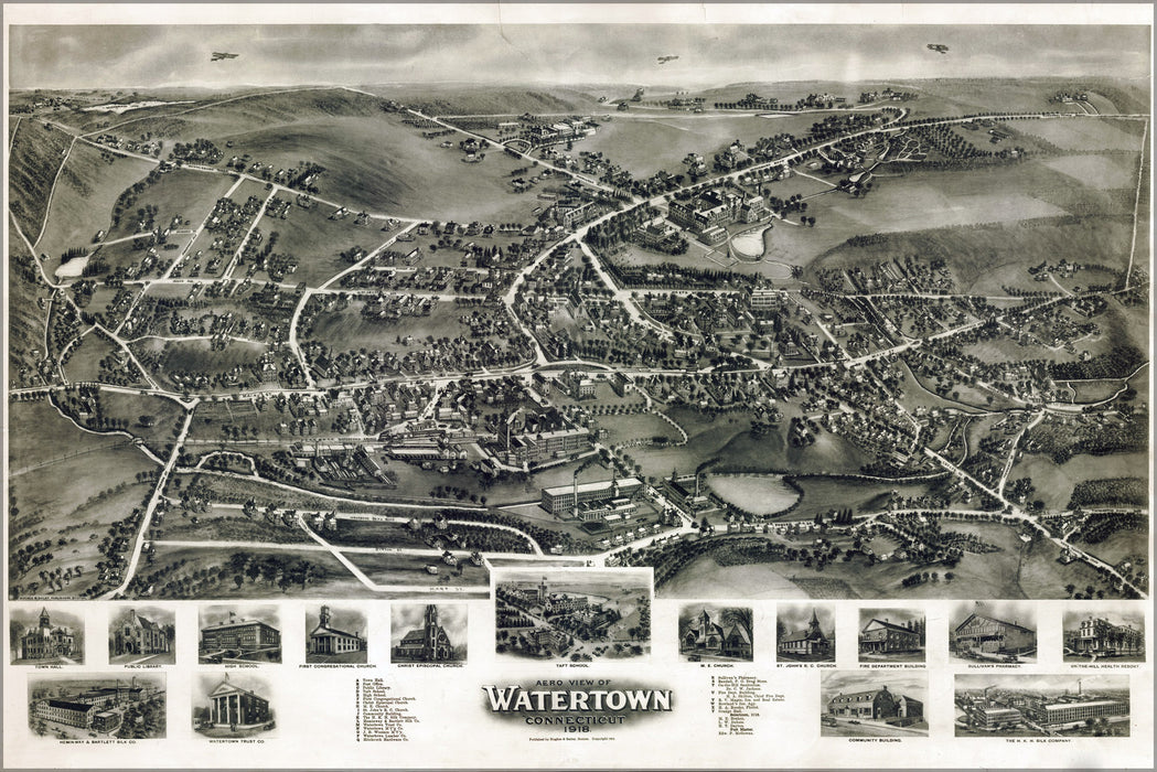 24"x36" Gallery Poster, Aero view map of Watertown, Connecticut 1918