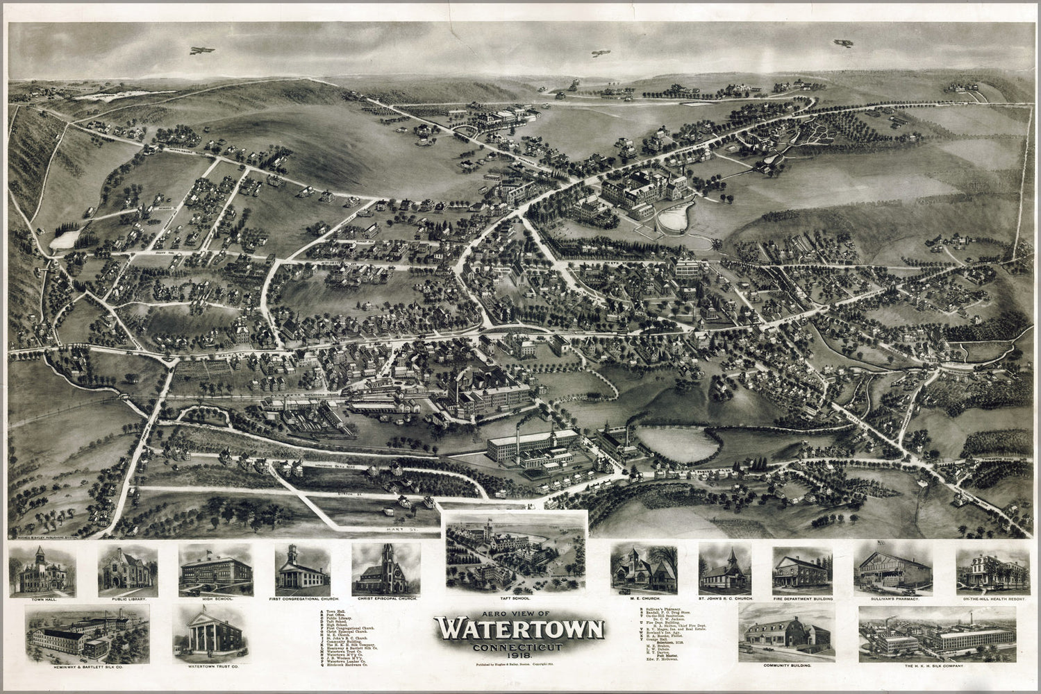24"x36" Gallery Poster, Aero view map of Watertown, Connecticut 1918