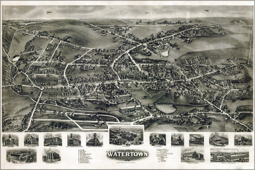 24"x36" Gallery Poster, Aero view map of Watertown, Connecticut 1918