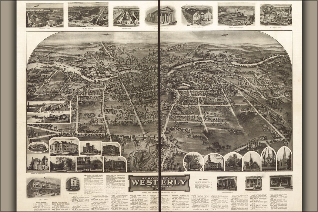 24"x36" Gallery Poster, Aero view map of Westerly, Rhode Island 1911