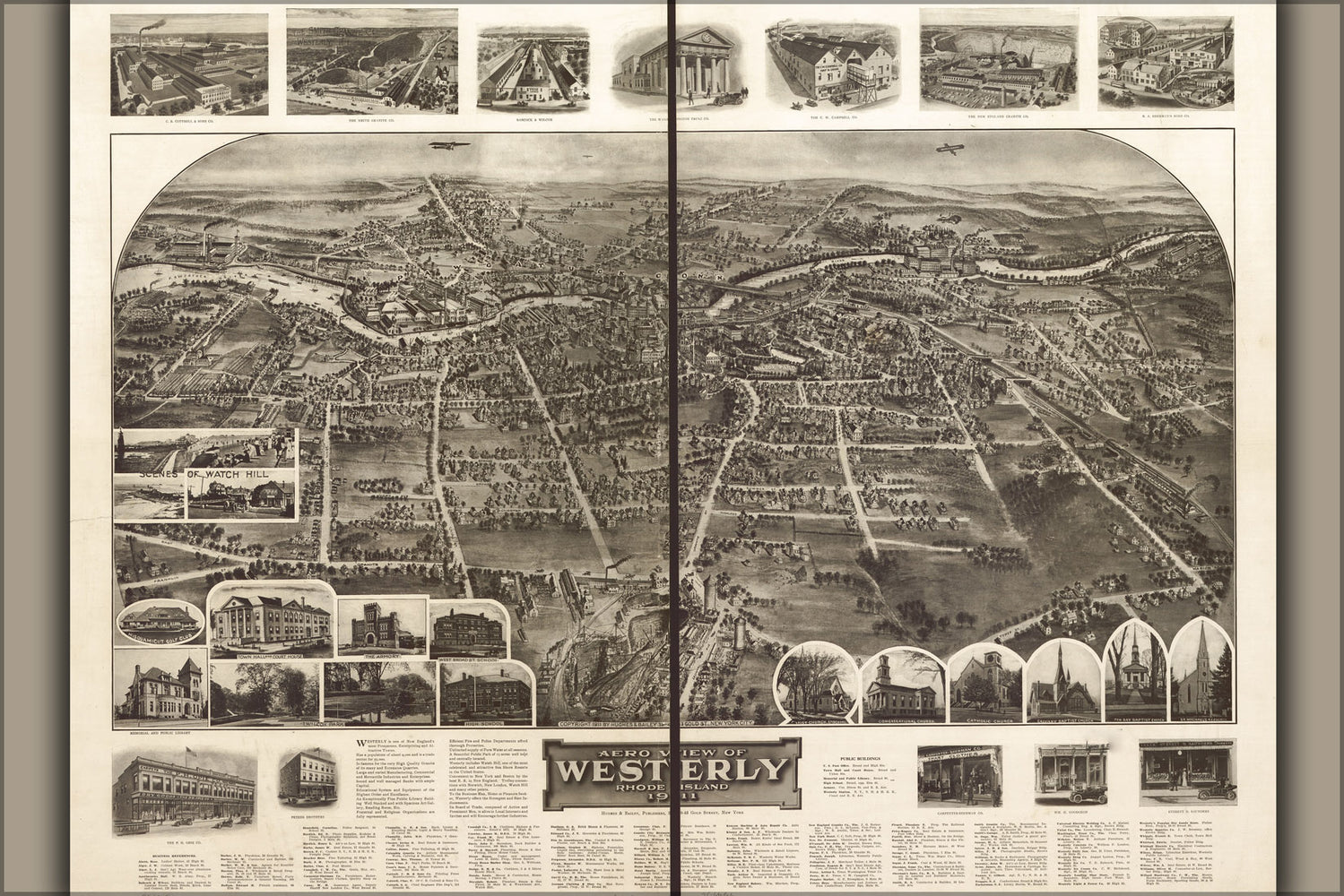 24"x36" Gallery Poster, Aero view map of Westerly, Rhode Island 1911