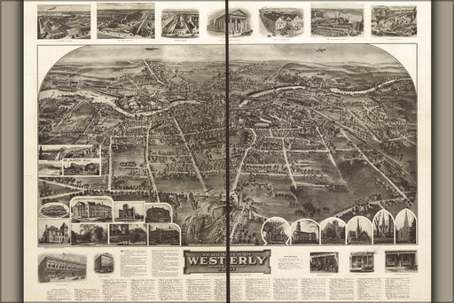 24"x36" Gallery Poster, Aero view map of Westerly, Rhode Island 1911
